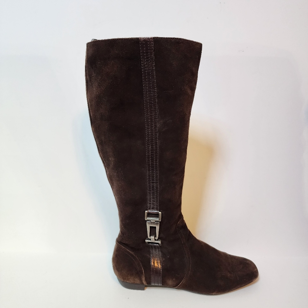 Alfani tall Dark Brown suede leather boots W/ Silver Buckle Women's size 7.5